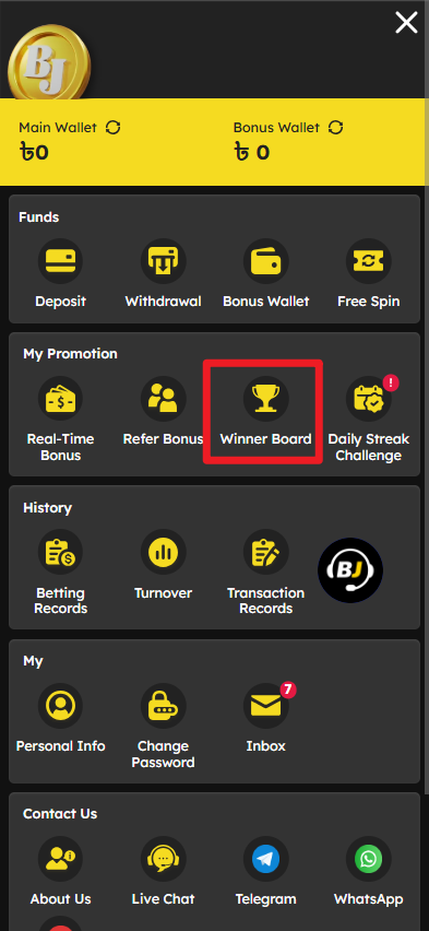 My Account and Winner Board screen