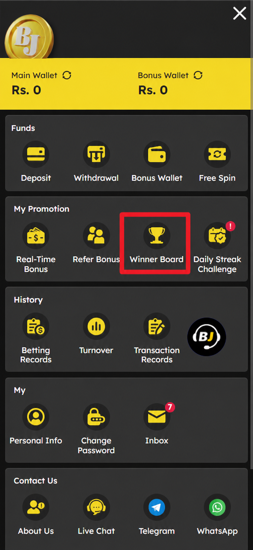 My Account and Winner Board screen