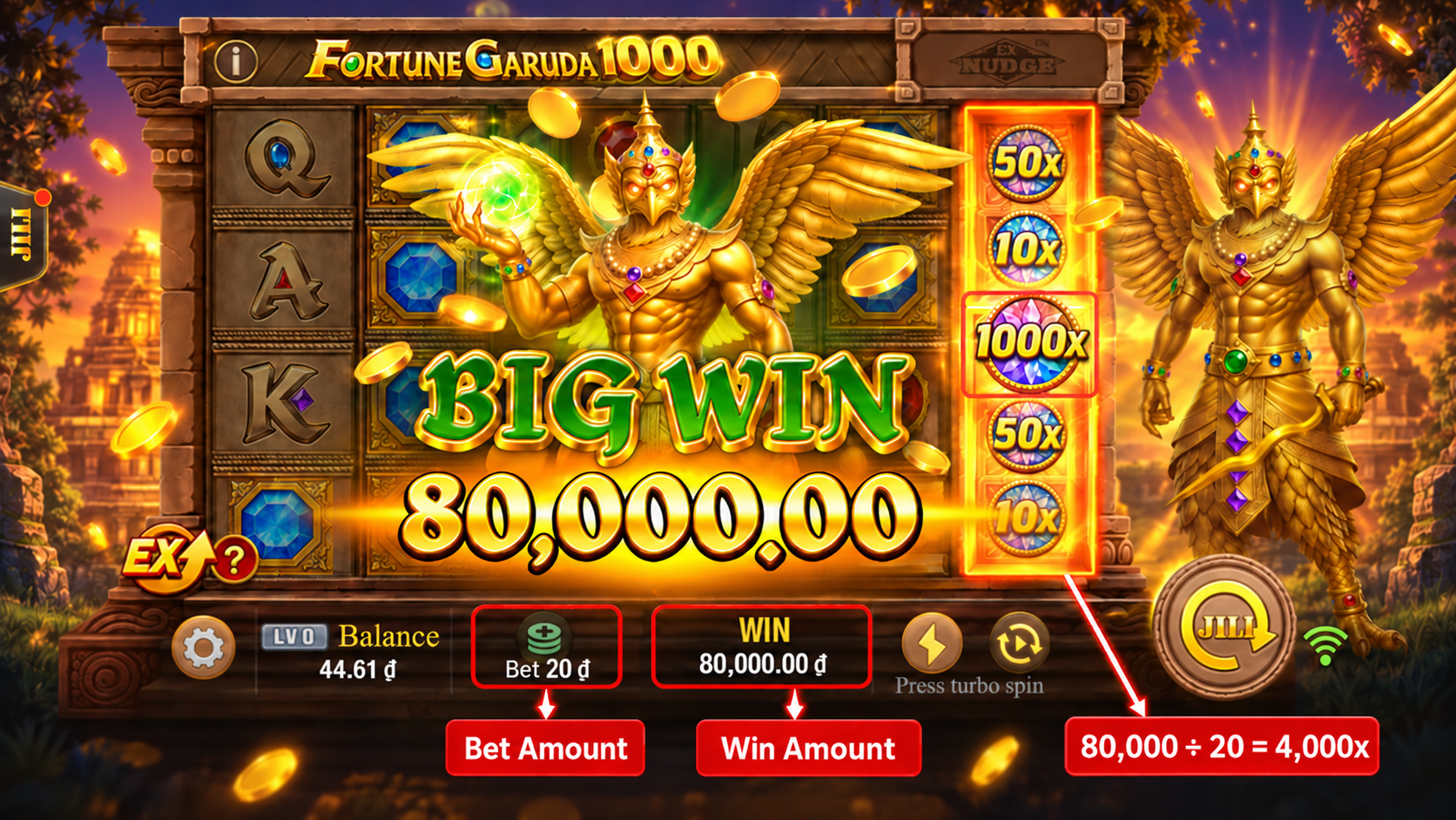 Trò chơi slot hiển thị cược 20 ₫ và thắng 80.000 ₫