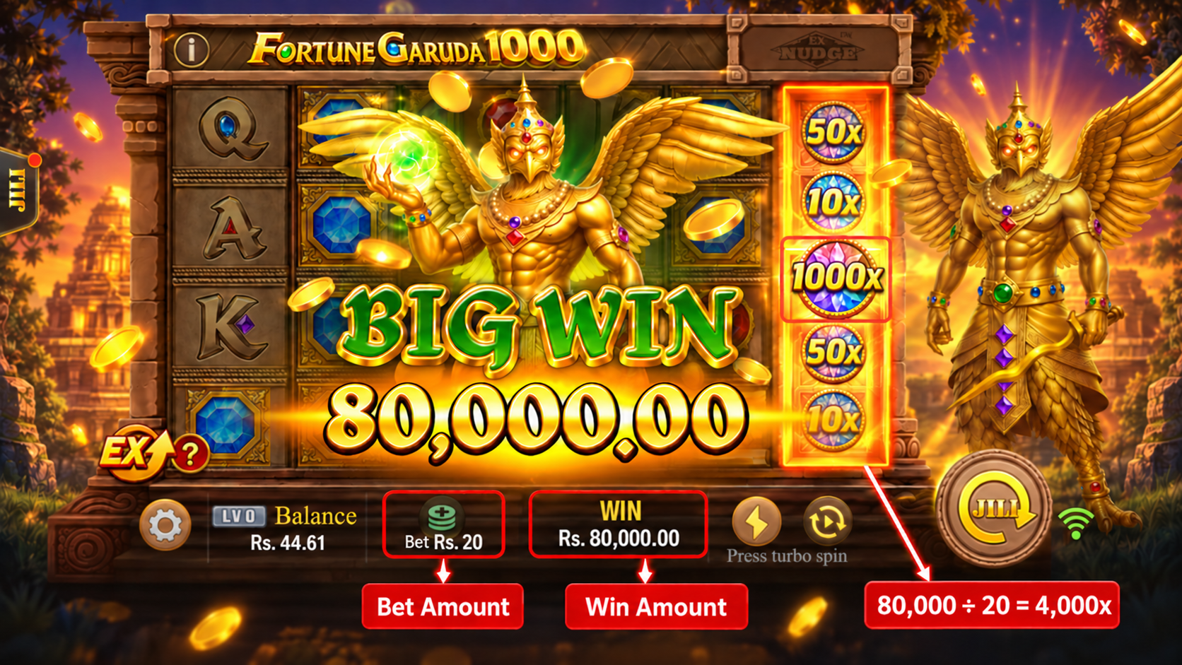 Slot game showing a Rs.20 bet and Rs.80,000 win