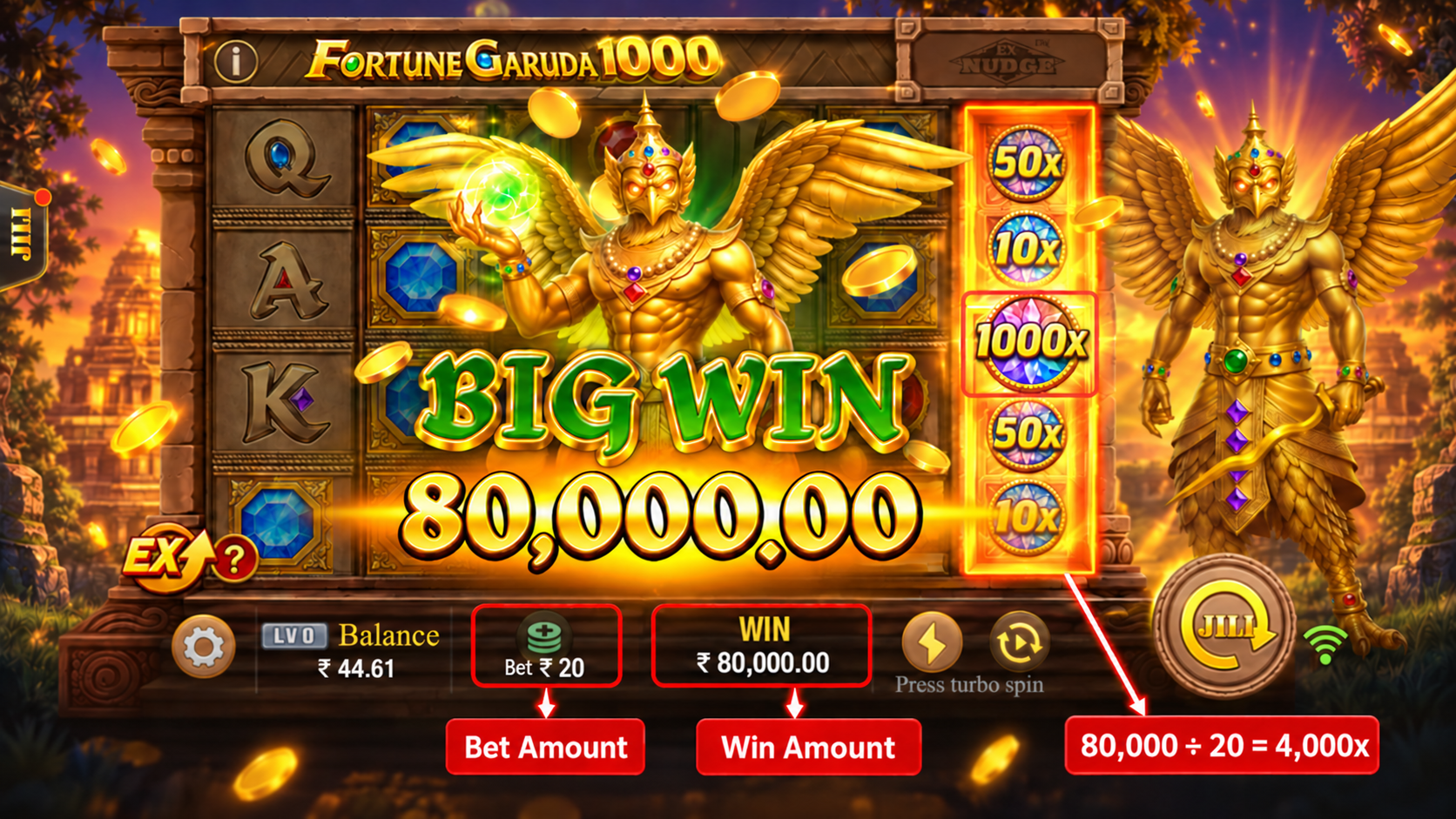 Slot game showing a INR 20 bet and INR 80,000 win